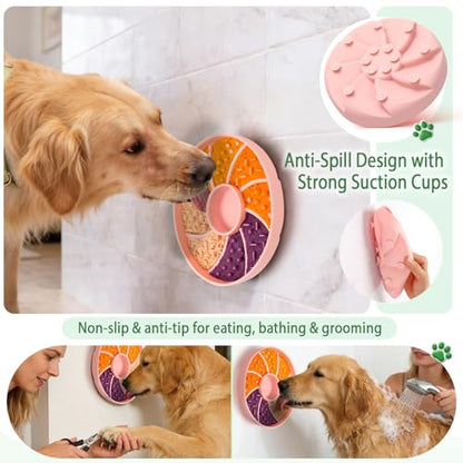 Slow Feeder Dog Bowl Silicone Suction Cup Anti Spill Dogs Cats Pink | strong suction base prevents sliding, extends mealtime, reduces anxiety, textured surface, dishwasher safe - color: Pink