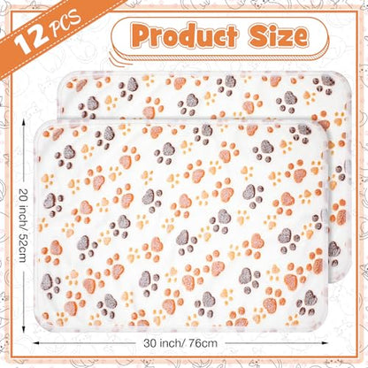 Tegeme 12 Pcs Pet Blankets 30 x 20 Inch Soft Fluffy Fleece Dog Cat Warm Paw Print Pattern Blankets Flannel Throw for Pets Dog Puppy Cat(White) - color: White, size: 30 x 20 Inch