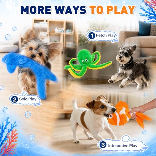 No Stuffing Squeaky Crinkle Dog Toys, 5-Pack Ocean Animal Plush Set | For puppies and small, medium & large dogs | full-body crinkle and squeaker in every toy | easy to carry, toss and shake - color: Ocean