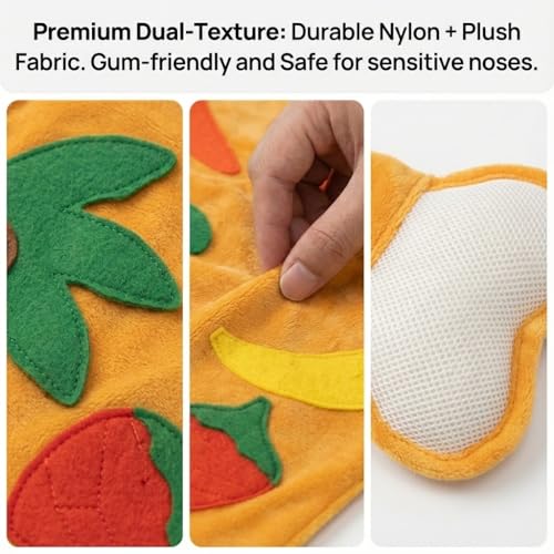 Interactive Dog Snuffle Mat with Squeaker & Crinkle Paper - Fruit Theme Slow Feeder Puzzle Pet Toy for Small Medium Dogs - Nosework Training, Stress Relief & Foraging Instinct (15" x 5")