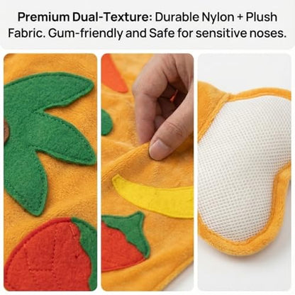 Interactive Dog Snuffle Mat with Squeaker & Crinkle Paper - Fruit Theme Slow Feeder Puzzle Pet Toy for Small Medium Dogs - Nosework Training, Stress Relief & Foraging Instinct (15" x 5")