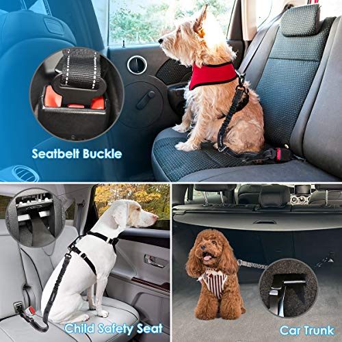 URPOWER 3-in-1 Dog Seat Belt for Car, 2 Pack Adjustable Bungee Dog Car Harness with Seatbelt Buckle & Latch Hook, Reflective & 360° Swivel Heavy Duty Pet Safety Belts for Dogs and Cats - color: Black
