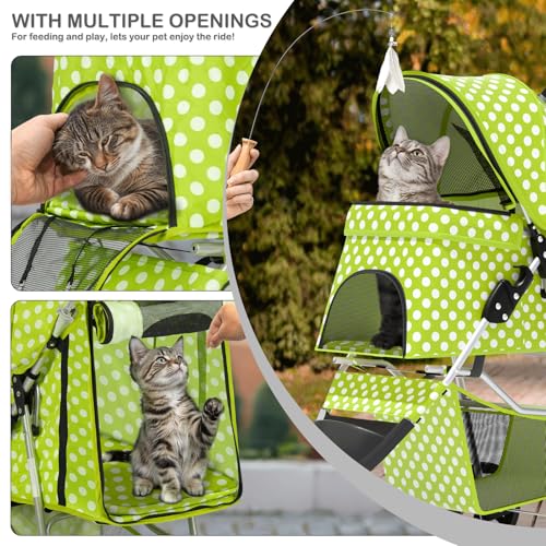 MoNiBloom 3 Wheels Pet Dog Cat Stroller for Small Medium Dogs Cats, Foldable Jogger Stroller w/Storage Basket and Cup Holder, Lawn Green Polka Dots - color: Lawn Green Polka Dots