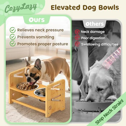 Elevated Dog Bowls, Adjustable Raised Dog Bowl Stand for Medium and Small Dog, 11" High Bamboo Pet Food Feeder with 2 Stainless Steel Dishes（4 Heights） - size: Medium/Small sized dogs