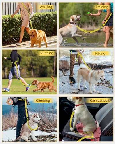 Hands Free Dog Leash with Seatbelt, 9.5 FT Adjustable Handheld/Crossbody/Waist Leash for Dog Walking, Reflective, 360° Tangle-Free, Shock Absorbing for Medium & Large Dogs. - color: Yellow