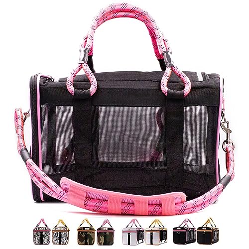 Buddy's Best Airline Approved Pet Carrier Black & Pink Heavy Duty, Fits Under Seat, TSA Compliant, Ventilated Mesh Design w/Waterproof Base & Reflective Safety Strips - color: Black & Pink