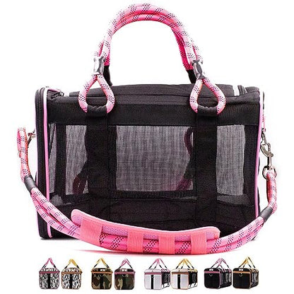 Buddy's Best Airline Approved Pet Carrier Black & Pink Heavy Duty, Fits Under Seat, TSA Compliant, Ventilated Mesh Design w/Waterproof Base & Reflective Safety Strips - color: Black & Pink