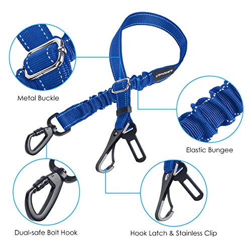 URPOWER 3-in-1 Dog Seat Belt for Car, 2 Pack Adjustable Bungee Dog Car Harness with Seatbelt Buckle & Latch Hook, Reflective & 360° Swivel Heavy Duty Pet Safety Belts for Dogs and Cats - color: Blue