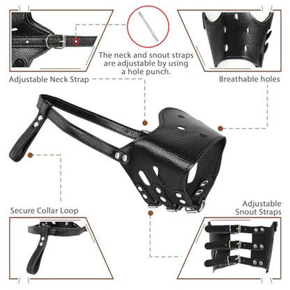 BARKLESS Dog Muzzle Leather, Soft Secure Anti-Barking Leather Muzzle for Small Dogs to Prevent Biting, Breathable and Adjustable, Allows Drinking and Panting, Used with Collars - color: Black, size: S (Snout Cir: 6.75"-8")