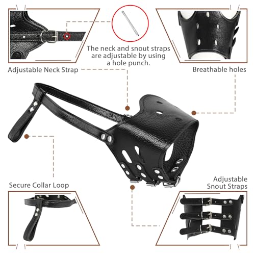 BARKLESS Dog Muzzle Leather, Soft Secure Anti-Barking Leather Muzzle for Medium Sized Dogs to Prevent Biting, Breathable and Adjustable, Allows Drinking and Panting, Used with Collars - color: Black, size: M (Snout Cir: 8"-9.5")