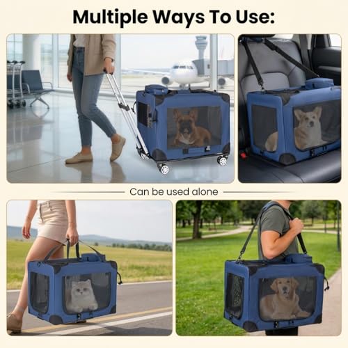 2-in-1 Travel Dog Crate, Dog Carrier with Detachable Rolling Base for Small & Medium Dogs & Cats, Multi-Door Design Soft Dog Crate, Up to 40 lbs, Blue