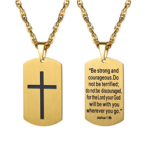 PROSTEEL Cross Necklace for Men Women, 316L Stainless Steel Dog Tag Cross/Dog Tags Military, Jesus Crucifix, Snake Cross, Black/Gold/Silver/Rose Gold/Blue Tone Cross Pendant, Come with Box - color: 3. Gold, style: 1. Be strong and courageous