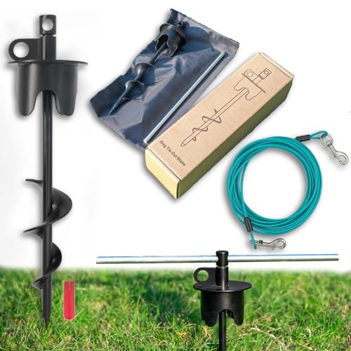Dog Stakes for Outside Hold up to 250Lbs Dogs Heavy Duty Tie Out Tether Leash Chain for Yard Outdoor Camping Screw in Ground Anchor Set 13 inch Black, 15 FT Steel Cable - color: Black, size: Stake & 15FT Cable