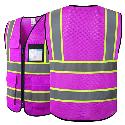 Reflective Safety Vest for Men Women Hi Vis Vest with 8 Pockets High Visibility Mesh Reflective Vest Meets ANSI/ISEA Standards (Purple-07, Medium) - color: Purple, size: Medium