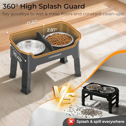URPOWER Mess Proof Elevated Dog Bowls, High Wall Splash Guard Design, 4 Height Adjustable Raised Bowl Stand, 2 Stainless Steel Bowls, Non-Slip Food Water Set for Small Medium Large Dogs - color: Grey, size: Medium