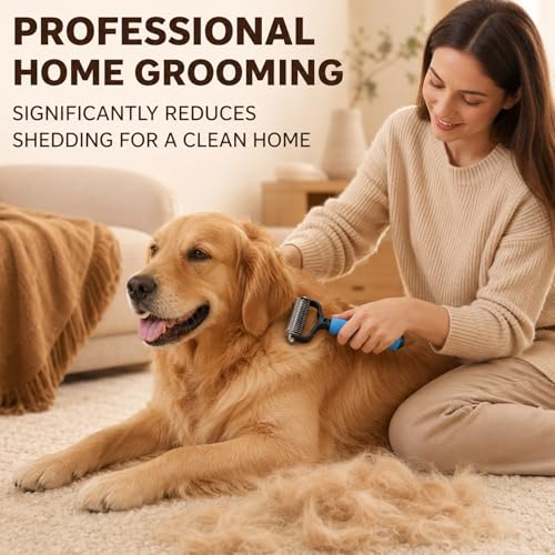 2 Pcs Pet Grooming Brush, Double Sided Undercoat Rake & Dematting Comb for Dogs and Cats, Detangling Tool for Matted Fur, Ideal for Medium or Long Haired Breeds (Blue+Pink, Large)