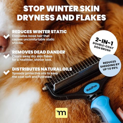 MalsiPree Dog Brush for Shedding - Large Blue, 2-in-1 Deshedding Rake | 2-in-1 deshedding brush & undercoat rake - dematting comb - Use for double-coated dogs, cats & heavy shedding - color: Blue
