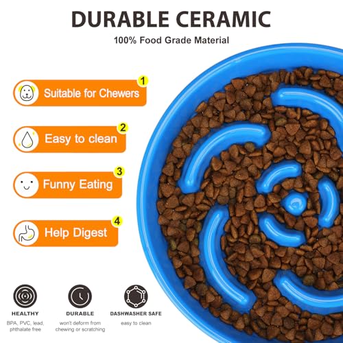 Slow Feeder Dog Bowl, Ceramic 2 Cups Dog Food Bowls for Small, Medium, and Large Breed, Anti-Slip Maze Puzzle Food Dish to Slow Down Eating (Blue, 2 Cups) - color: Flower - Blue