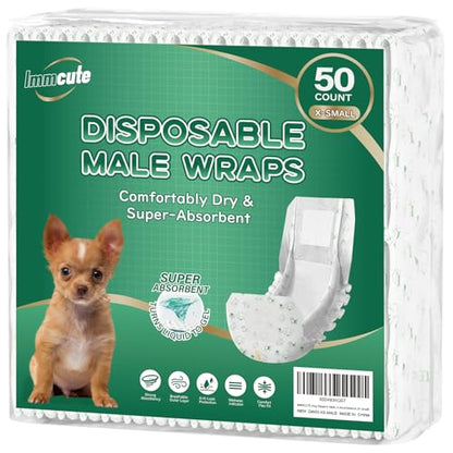 IMMCUTE Dog Diapers Male 50 Ct, XS Size, Super-Absorbent Male Dog Wraps Disposable Doggie Diapers with Wetness Indicator, Puppy Diapers Male for Marking, Excitable Urination - size: Extra Small (50 Ct)