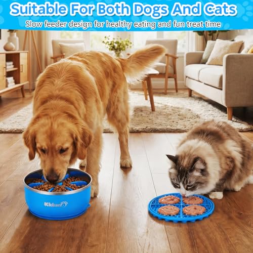 Slow Feeder Insert Bowl - 3 in 1 Stainless Steel Dog Food and Water Bowl 64oz with Lick Mat, Non-Slip Suction Cup Dog Food Bowl Puzzle Maze Slows Down Eating for Dogs Cats