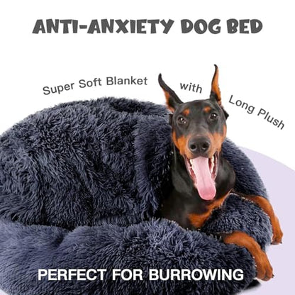 Himax Dog Beds for Large Dogs, Donut Dogs Beds with Blanket Attached, Calming Dog Bed Washable (20"/26"/35") Grey - color: Grey, size: 35.0"L x 35.0"W x 10.0"Th