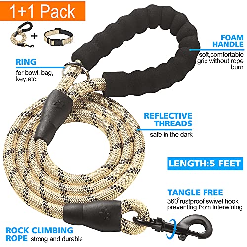 Ladoogo Reflective Dog Collar Padded with Soft Neoprene Breathable Adjustable Nylon Dog Collars for Small Medium Large Dogs (X-Small (Pack of 1), Vanilla Collar+Leash) - color: Vanilla Collar+Leash, size: X-Small (Pack of 1)