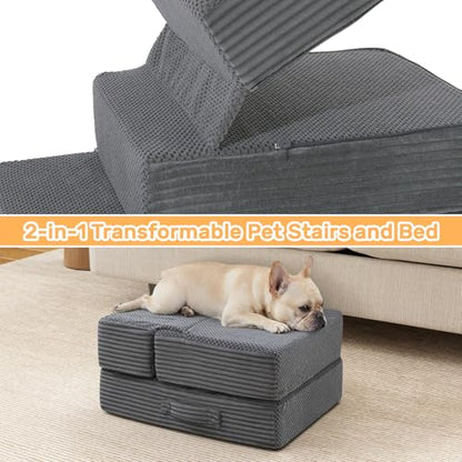 Dog Stairs for Small Dogs, 13.5" H Foldable Dog Steps for High Bed | 2 in 1 Pet Stairs Get on Couch, Transformable Cats Stairs, Non-Slip Balanced, Grey - size: 15.7 X 18 X 13.5 In