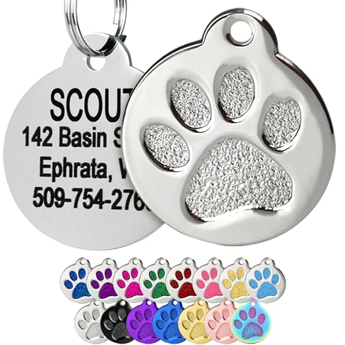 GoTags Paw Print Round Stainless Steel Pet Tag for Dogs and Cats, Personalized with 4 Lines of Custom Engraved ID Name and Number, in Stainless Steel and 15 Colors Small and Large, Silver - color: Solid Silver, size: Small w/o Silencer