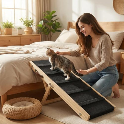 Wooden Dog Ramp for Bed – Folding Pet Ramp for Couch | Collapsible Wooden Pet Ramp, 4 Adjustable Heights, Non-Slip High Traction Fabric Surface, Portable Solid Pine Wood Steps - size: Trumpet