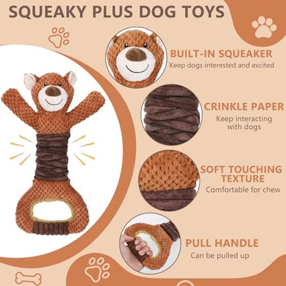 Letsmeet Squeaky Dog Toys - Plush Tug of War with Crinkle Paper, Interactive Pull Toy for Puppies to Large Dogs - color: brown2