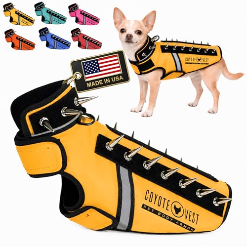 CoyoteVest SpikeVest Dog Harness | Stab-Resistant Protective Vest | Coyote Vest for Dogs | Defends Against Coyotes, Dogs, Birds of Prey | Reflective Safety, Made in USA (XXS-Yellow) - color: Yellow, size: XX-Small