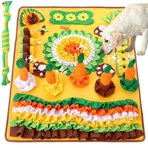 Hsei Large Snuffle Mat for Dogs Set 40'' x 30'' Colorful Nosework Feeding Mat with 5 Squeaky Carrots Cotton and 1 Cotton Rope Toy Interactive Foraging Puzzle for Stress Relief Slow Feeding