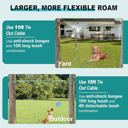 Dog Runner for Yard - 50ft Aerial Dog Run Cable System with Shock Absorbing Bungee Tether, Chew Proof Steel Cable & Tangle Free Pulley for Large Dogs, Backyard Zip Line for Dogs - size: 50FT