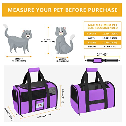 Cat Carrier Pet Carriers Airline Approved for Small Dogs Kitten Carrier for Small Medium Animals Under 15lb, Collapsible Soft Sided Travel Carrier, Purple - color: Purple