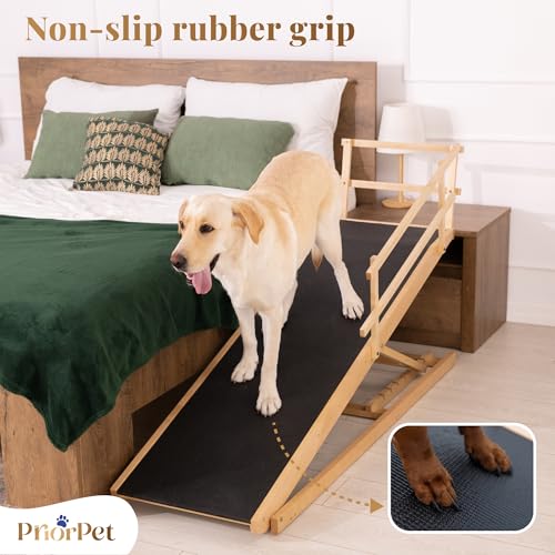 Dog Ramp for Bed with Safety Rails for High Beds up to 37" – Extra Wide 19.5" Adjustable Dog Bed Ramp for Large Dogs up to 200 lbs – Solid Birchwood, Non-Slip Rubber Surface, Foldable Design – Natural - color: Natural