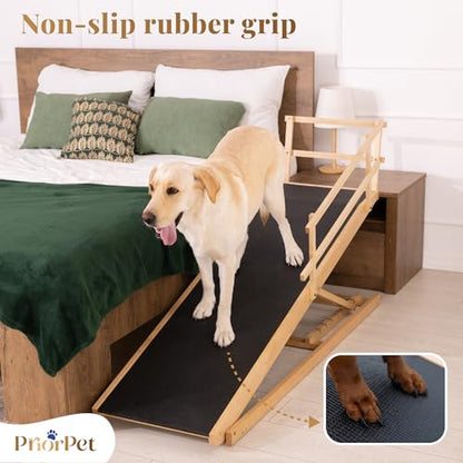 Dog Ramp for Bed with Safety Rails for High Beds up to 37" – Extra Wide 19.5" Adjustable Dog Bed Ramp for Large Dogs up to 200 lbs – Solid Birchwood, Non-Slip Rubber Surface, Foldable Design – Natural - color: Natural