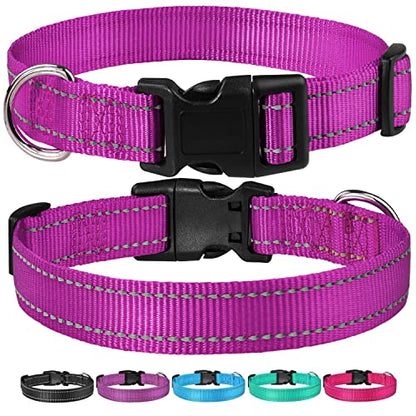 Reflective Dog Collar with Buckle Adjustable Safety Nylon Collars for Small Medium Large Dogs, Purple L - color: Purple, size: Large :Width 1",Neck 14-22"