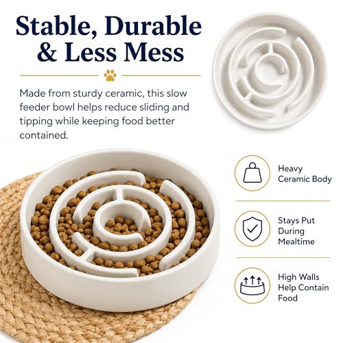 Ceramic Slow Feeder Dog Bowls with Anti-Slip, Slow Feeder & Non-Slip Design, Boredom and Anxiety Reducer, Suitable for All Breed Dogs and Cat (Ceramic-White) - color: Ceramic-White