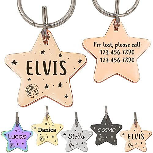 Anavia Starry Sky Theme Pet ID Tags in Half Moon & Star Shape, Personalized Dog Name Tag Cat Tag, Glossy Stainless Steel Gold Plated Black Rainbow Dog Collar Tag (Medium, Star Shape, Rose Gold) - color: Rose Gold, size: Medium, style: Star Shape