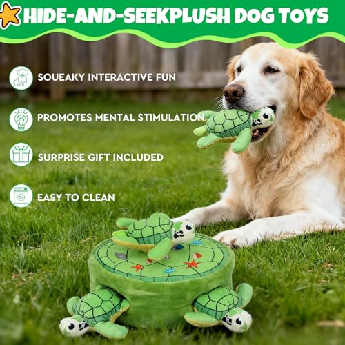 Hide and Seek Squeaky Dog Plush Toy Carrot and Bunny Set, 5 Pack Dog Puzzle Toys for Training and Cleaning, Interactive Tough Dog Toy for Small Medium Dogs,Turtles