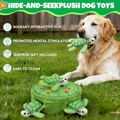Hide and Seek Squeaky Dog Plush Toy Carrot and Bunny Set, 5 Pack Dog Puzzle Toys for Training and Cleaning, Interactive Tough Dog Toy for Small Medium Dogs,Turtles