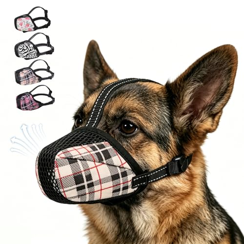 KOOLTAIL Dog Muzzle,Soft Breathable Dog Muzzles for Small Medium Large Sized Dogs to Anti Barking Grooming Biting,Reflective Adjustable Air Mesh Basket Muzzles, Allows Panting and Drinking - color: Beige Plaid, size: X-Large