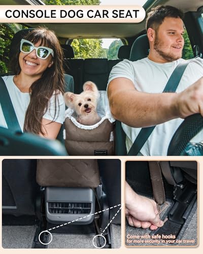 PETSFIT Center Console Dog Car Seat with Safe Protection Hooks, Pet Car Seat with Upgraded Safety Tethers, Washable Cushion, Console Dog Car Seats for Small Dogs (Coffee) - color: Coffee