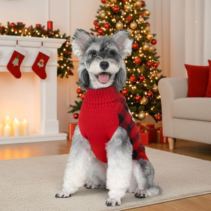 KYEESE Dog Christmas Sweater with Reindeer Pattern, Cozy Holiday Outfit, Turtleneck Dog Sweater for Small Dogs with Leash Hole, Red Buffalo Plaid Knitwear, Soft Warm Festival Dogs Clothes, Large - color: 3#Christmas, size: Large (11-19lbs)