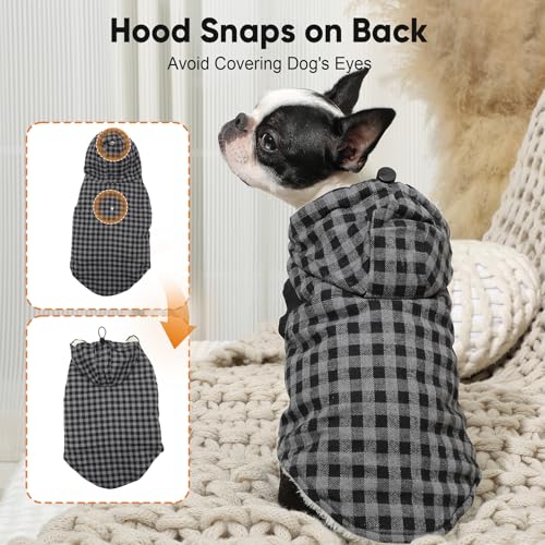 Vecomfy Fleece Lining Dog Hoodie for Small Dogs Extra Warm Plaid Sweater with Drawstring Hooded Coats in Winter Puppy Jacket,Black S - color: Black Plaid, size: Small (Pack of 1)