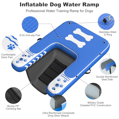 Inflatable Dog Boat Ramp for Dogs Up to 240 lbs, Inflatable Dock Floating Platform with Anti-Slip EVA Foam Safe & Easy Water Access, Dog Ramp for Pools, Lakes, Boats, Docks, Blue & White - color: Blue