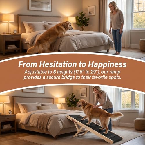 Wooden Dog Ramp for Bed – Folding Pet Ramp for Couch | Collapsible Wooden Pet Ramp, 4 Adjustable Heights, Non-Slip High Traction Fabric Surface, Portable Solid Pine Wood Steps - size: Large
