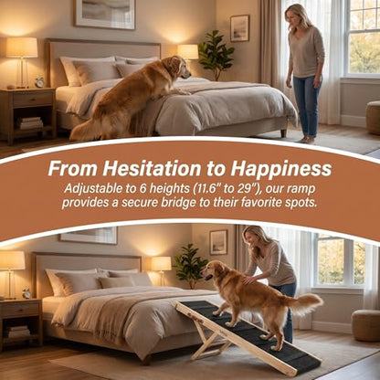Wooden Dog Ramp for Bed – Folding Pet Ramp for Couch | Collapsible Wooden Pet Ramp, 4 Adjustable Heights, Non-Slip High Traction Fabric Surface, Portable Solid Pine Wood Steps - size: Large