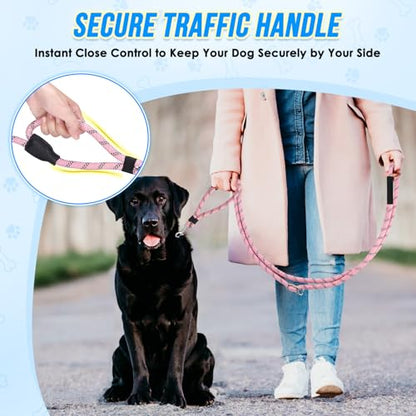 Lukovee Hands Free Dog Leash, 10FT Adjustable Training Lead 1/2 Inch Nylon Heavy Duty Lead No Pull for Large Medium Dogs, Tangle Free Reflective Waist-Leash for Walking Running, (PI, Plus Handle) - color: Pink