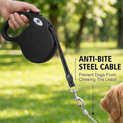 16ft Retractable Dog Leash for Large Breed Dogs up to 110 lbs with a Detachable Chew Proof Extender Wire Ropes (Black L) - color: Black, size: Large
